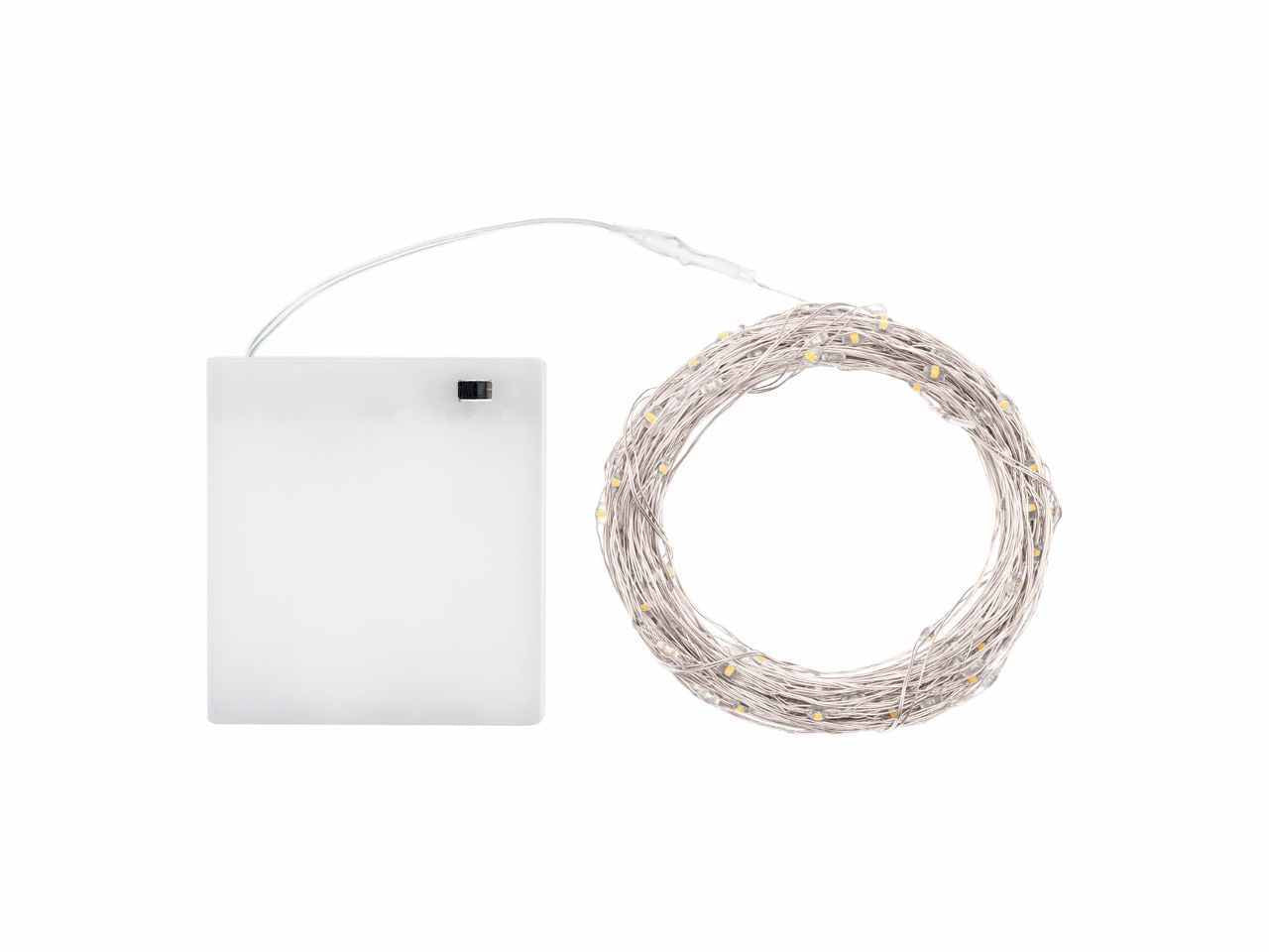 Luci con filo in metallo argento 14mt, 140 micro led bianco caldo, luce fissa, a batteria 4xAA 1,5V non incluse