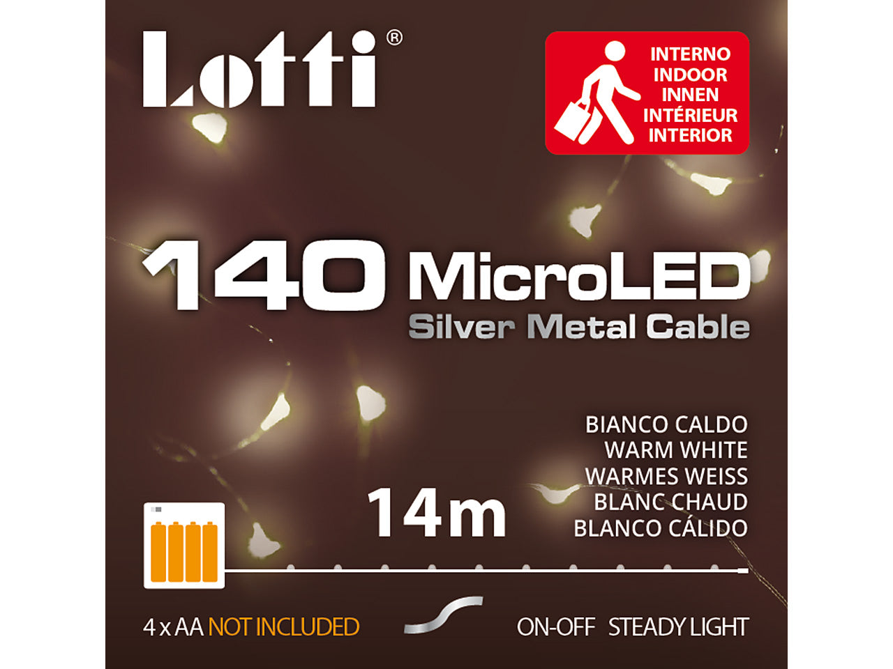 Luci con filo in metallo argento 14mt, 140 micro led bianco caldo, luce fissa, a batteria 4xAA 1,5V non incluse