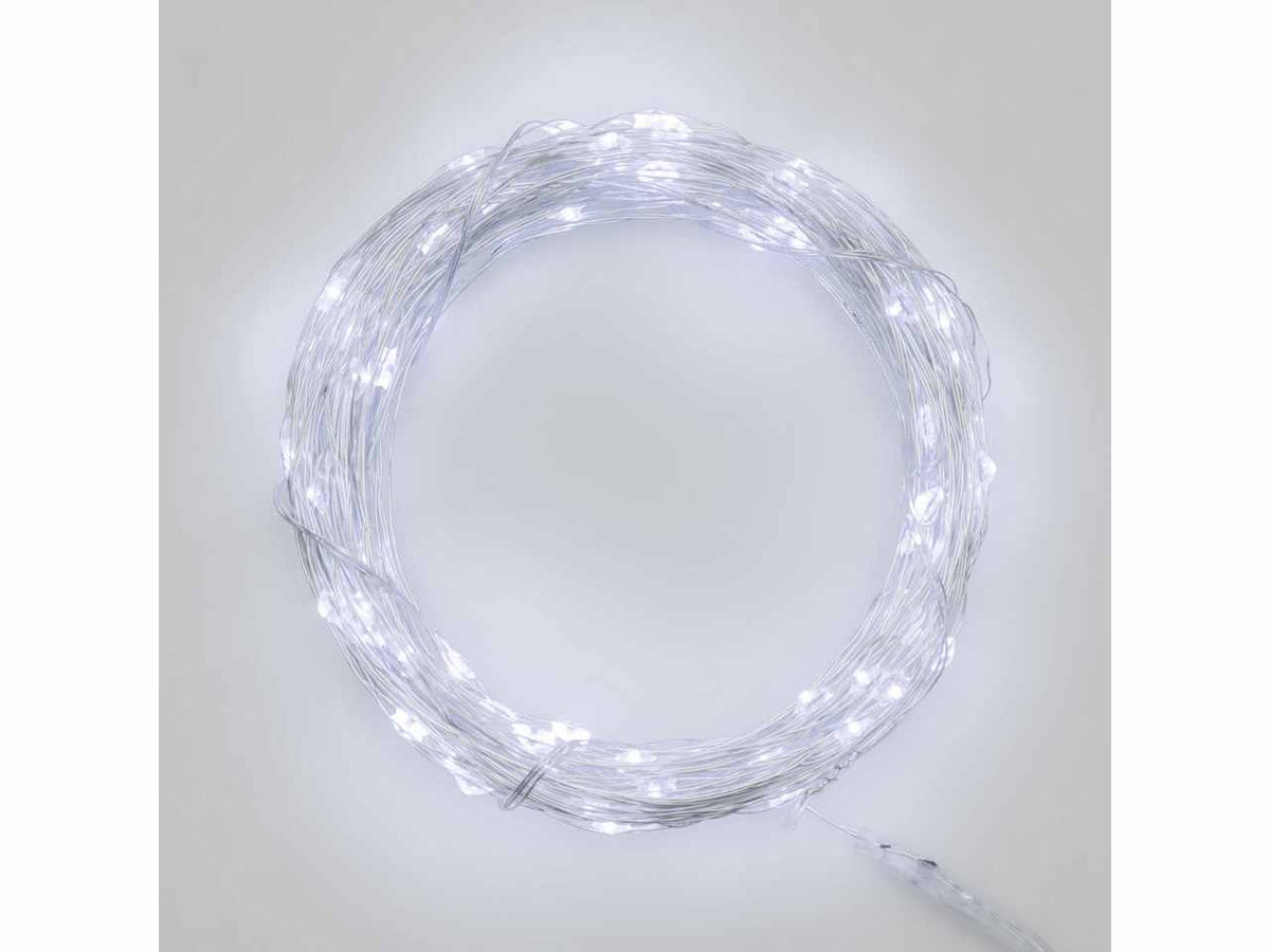 Luci con filo in metallo argento, 140 mini led bianco freddo, a batteria, uso interno