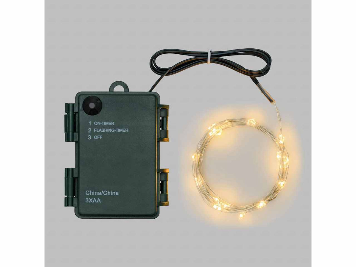 Luci con filo in metallo argento 16mt, 160 micro led bianco caldo, giochi di luce, a batteria 3xAA 1,5V non incluse, uso interno/esterno IP44
