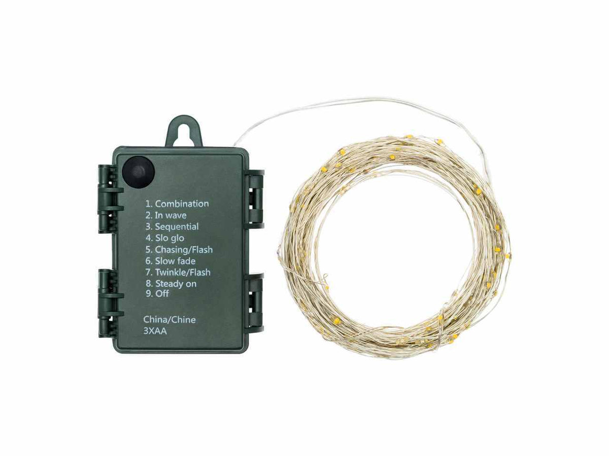 Luci con filo in metallo argento 16mt, 160 micro led bianco caldo, giochi di luce, a batteria 3xAA 1,5V non incluse, uso interno/esterno IP44
