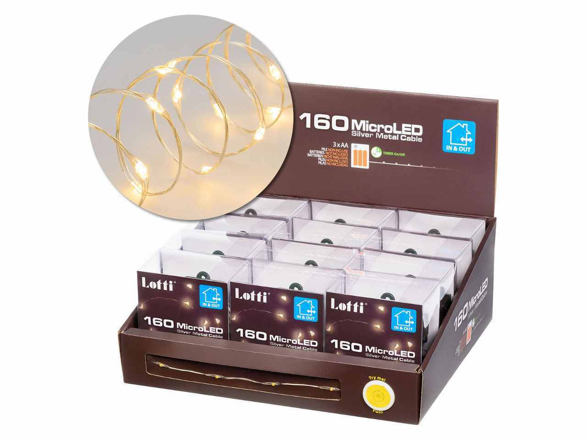 Luci con filo in metallo argento 16mt, 160 micro led bianco caldo, giochi di luce, a batteria 3xAA 1,5V non incluse, uso interno/esterno IP44