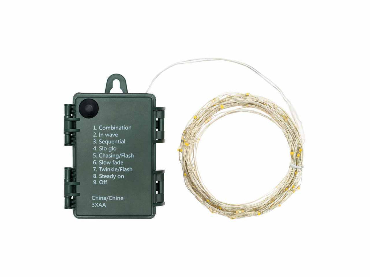 Filo metallo argento 8mt con 80micro led bianco caldo, giochi di luce a batteria 3xAA1,5V (non incluse) per uso interno/esterno IP44