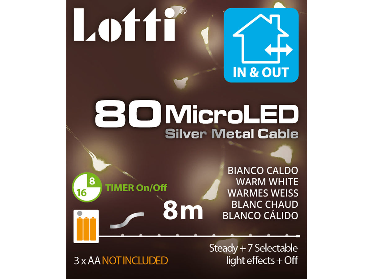 Filo metallo argento 8mt con 80micro led bianco caldo, giochi di luce a batteria 3xAA1,5V (non incluse) per uso interno/esterno IP44