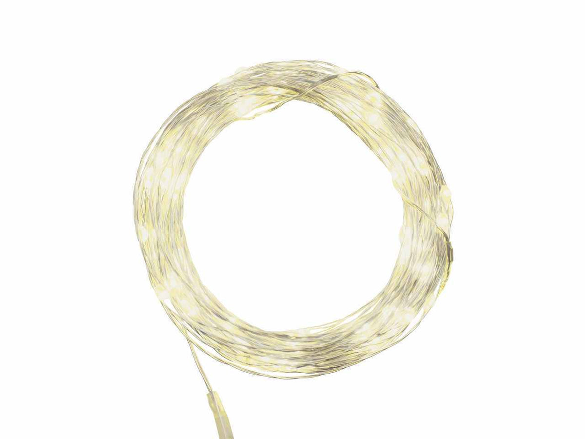 Filo metallo argento 8mt con 80micro led bianco caldo, giochi di luce a batteria 3xAA1,5V (non incluse) per uso interno/esterno IP44