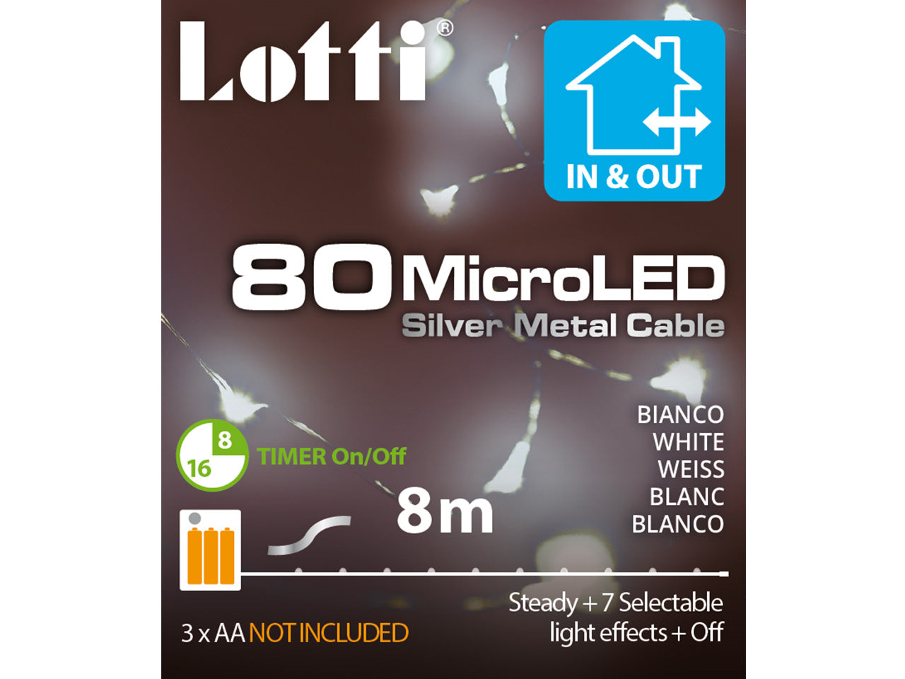 Filo metallo argento 8mt con 80micro led bianco freddo, giochi di luce a batteria 3xAA1,5V (non incluse) per uso interno/esterno IP44