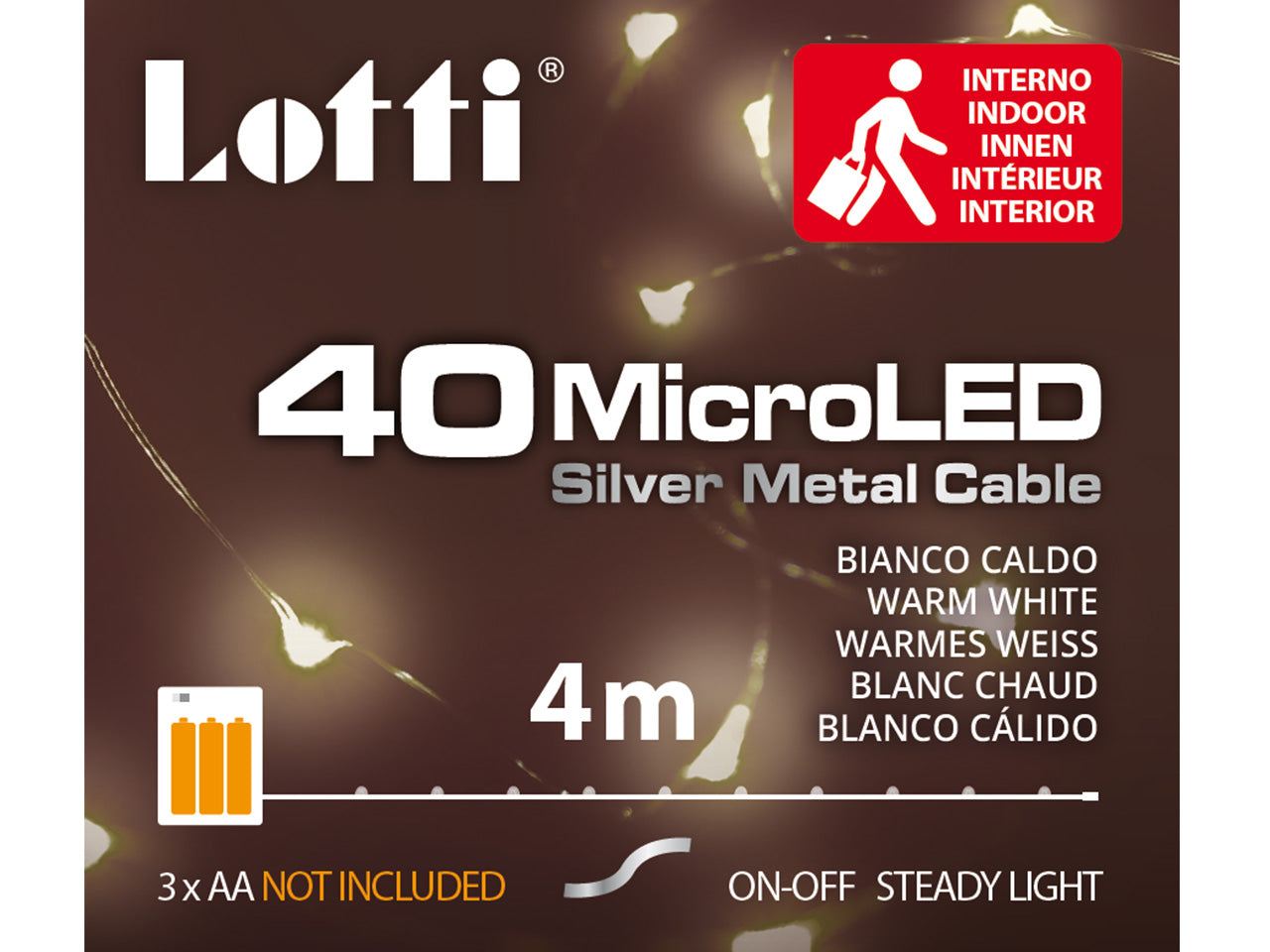 Filo metallo argento 4mt con 40micro led bianco caldo luce fissa a batteria 3xAA1,5V non incluse