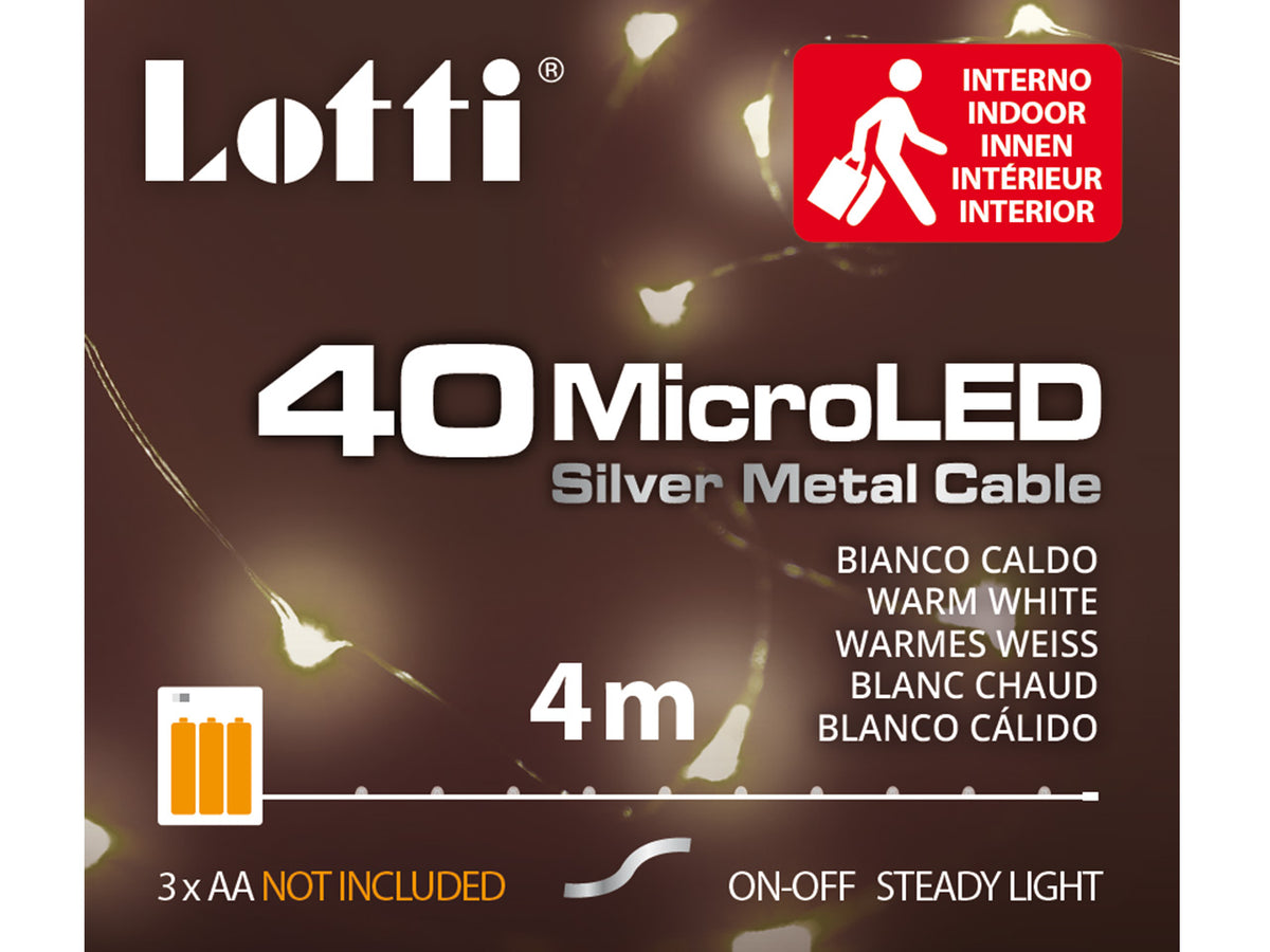 Luci con filo in metallo argento 4mt, 40 micro led bianco caldo, luce fissa, a batteria 3xAA 1,5V non incluse