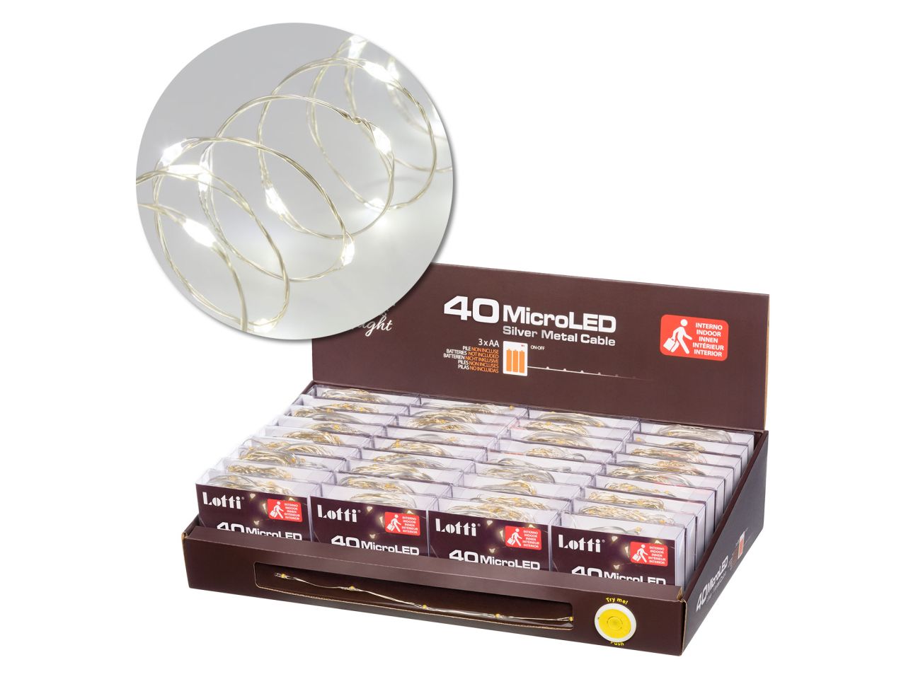 Filo metallo argento 4mt con 40micro led bianco freddo luce fissa a batteria 3xAA1,5V non incluse