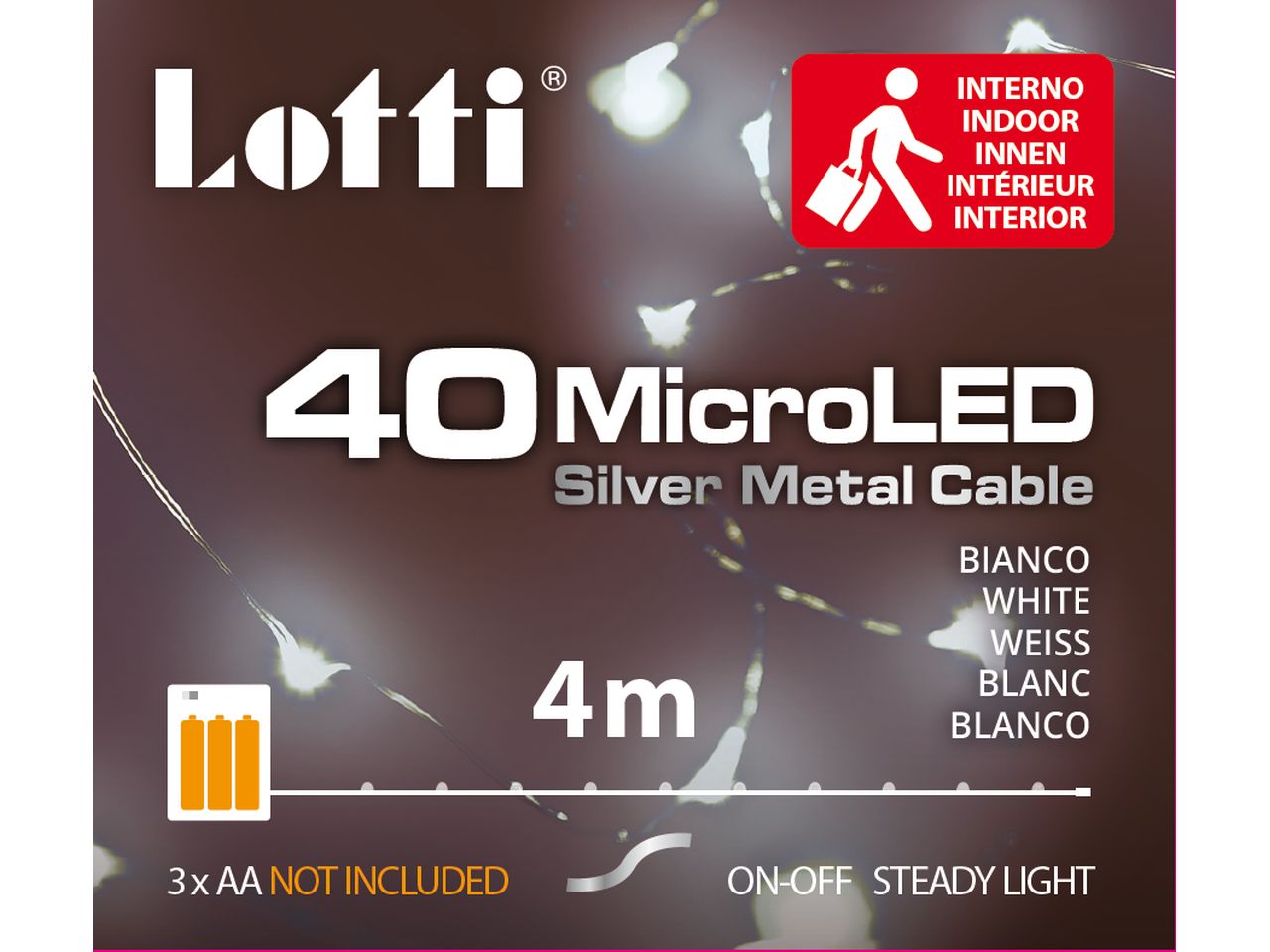 Filo metallo argento 4mt con 40micro led bianco freddo luce fissa a batteria 3xAA1,5V non incluse