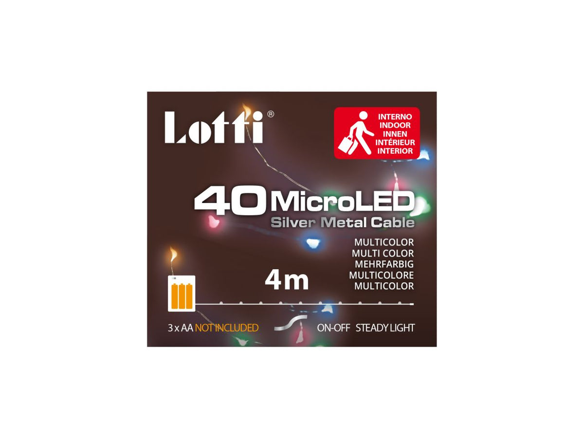 Luci con filo in metallo argento 4mt, 40 micro led multicolor, luce fissa