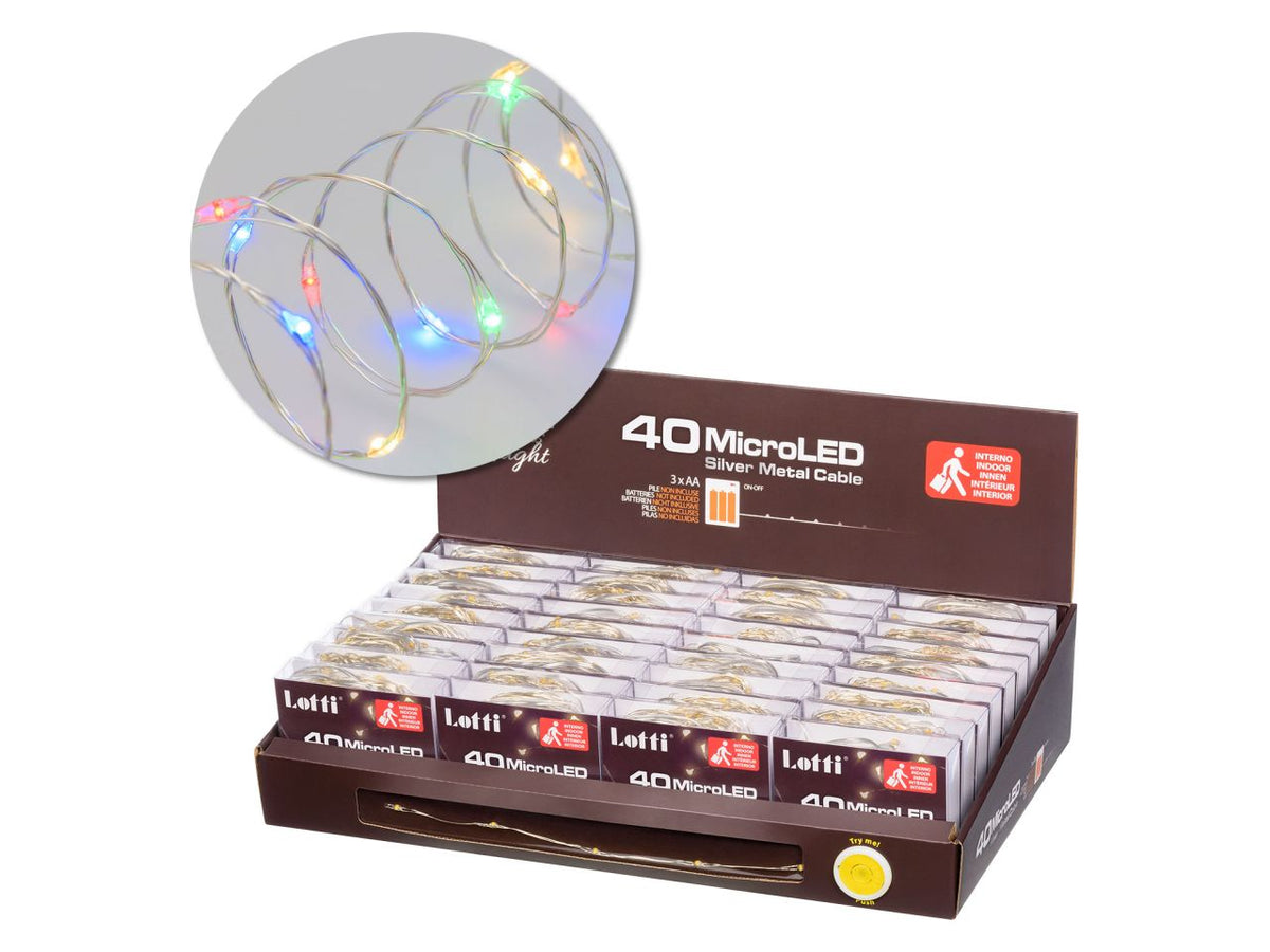 Luci con filo in metallo argento 4mt, 40 micro led multicolor, luce fissa