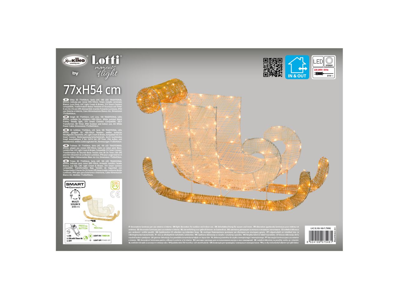 Slitta 3D 77x30xh.54cm con 180led bianco luce fissa per uso interno/esterno IP44