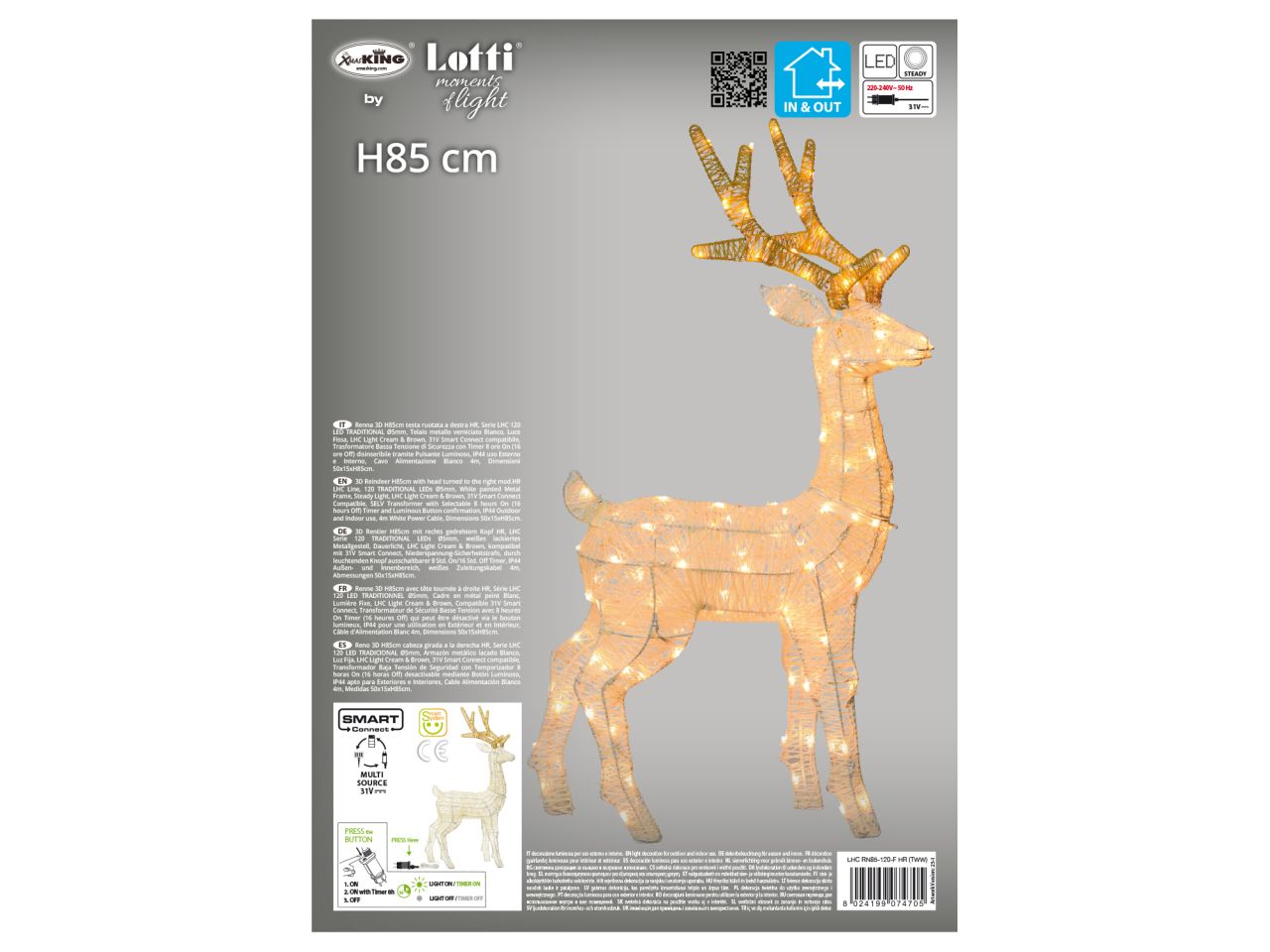 Renna 3d testa ruotata misura h.85cm con 120 led traditional per uso interno ed esterno