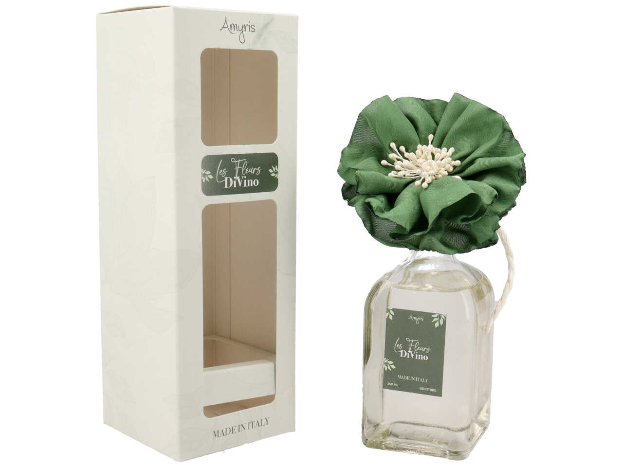Diffusore con bacchette e fiore verde 250ml al profumo divino