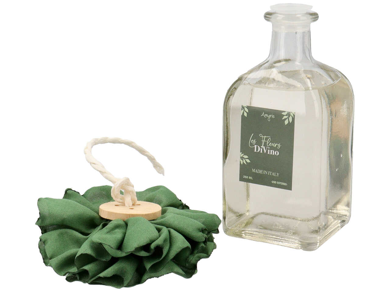 Diffusore con bacchette e fiore verde 250ml al profumo divino