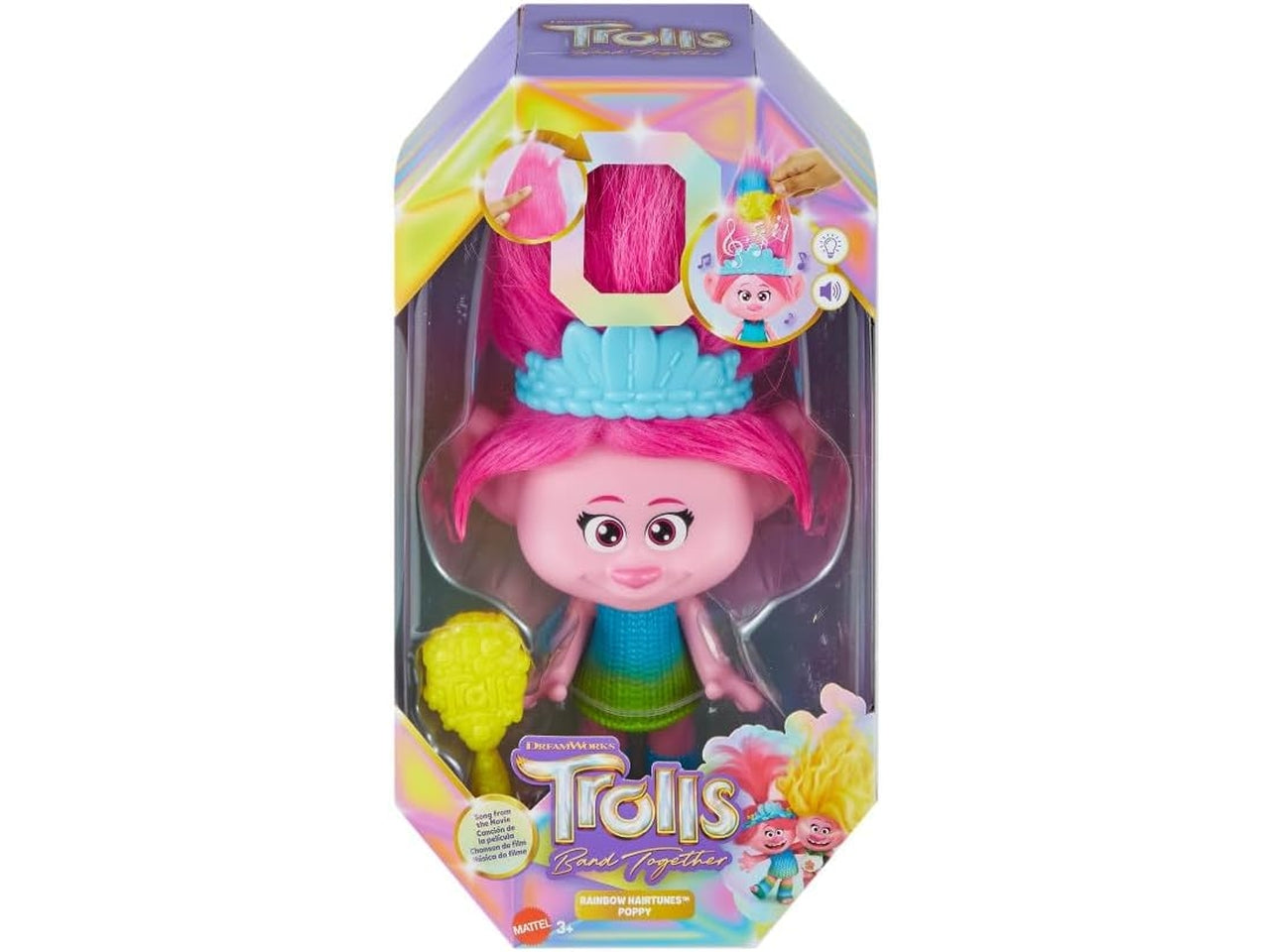 Trolls bambola Poppy musicale con spazzola 30 cm, per bambini 3+ anni, Mattel