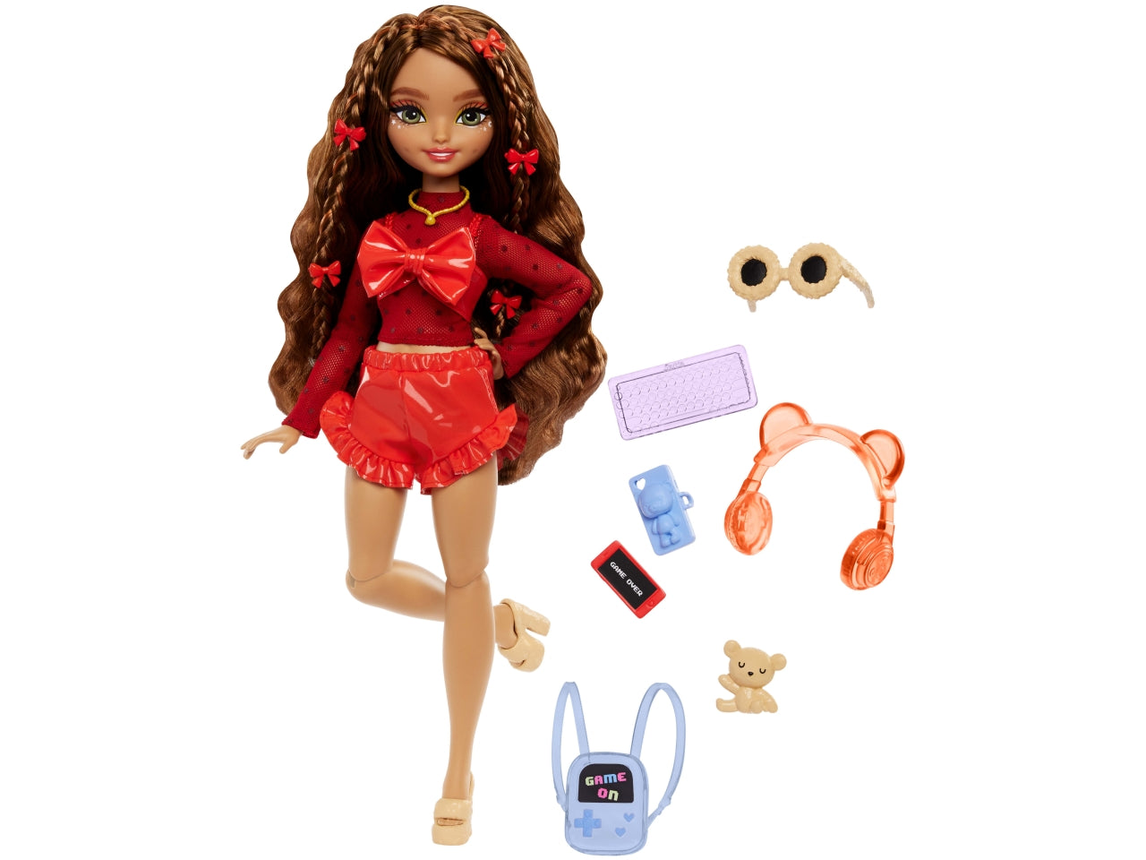 Barbie Dream Besties - Teresa bambola snodata alla moda con lunghi capelli castani e fermagli 10 accessori a tema videogiochi inclusi giocattolo per bambini 4+ anni HYC23