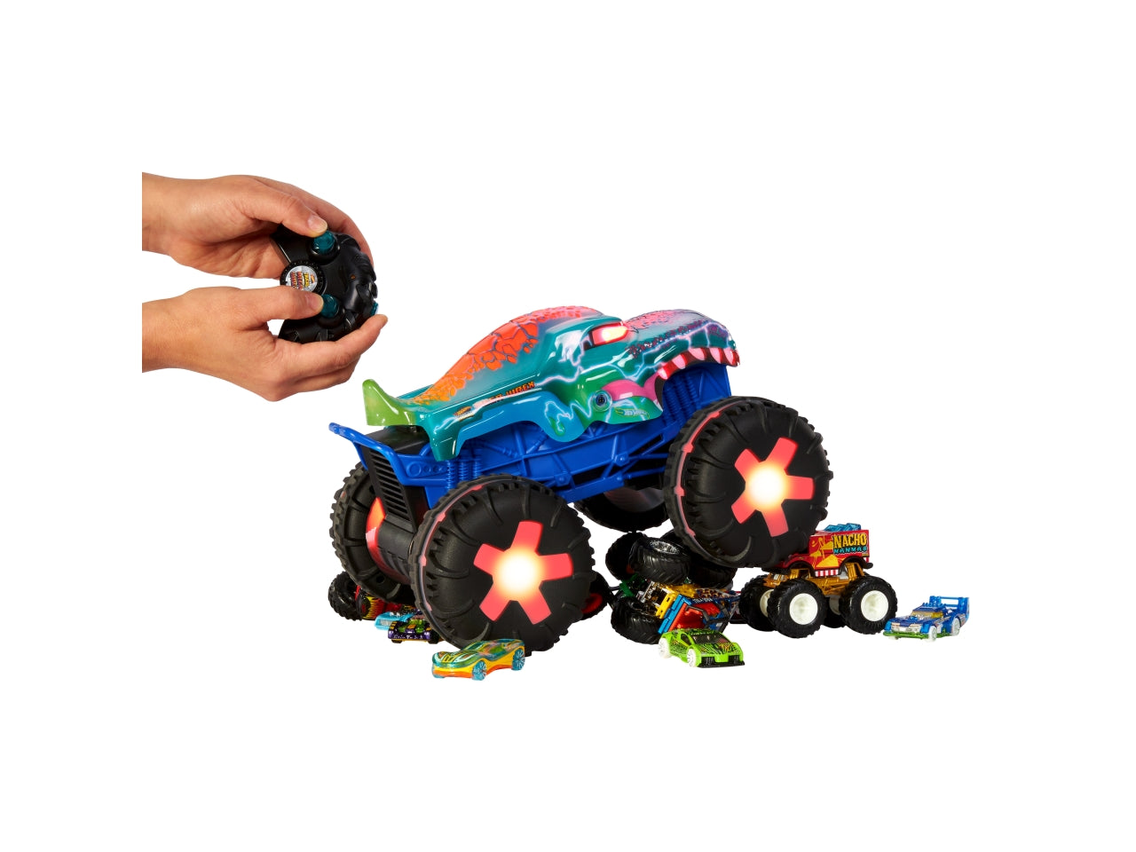 Hot Wheels Monster Trucks - Mega-Wrex oversize R/C truck radiocomandato in scala 1:15 con 3 modalitÃ  di gioco luci e suoni interattivi giocattolo per bambini 5+ anni JBD90