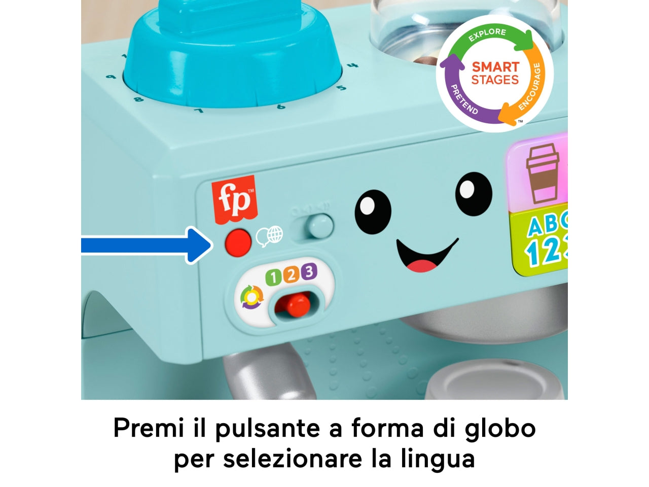 Fisher-Price - La Mia Prima Macchinetta del CaffÃ¨ set Smart Stages per l'apprendimento con pulsanti musica e suoni 2 tazze e 8 accessori inclusi giocattolo per bambini 18+ mesi HYT02