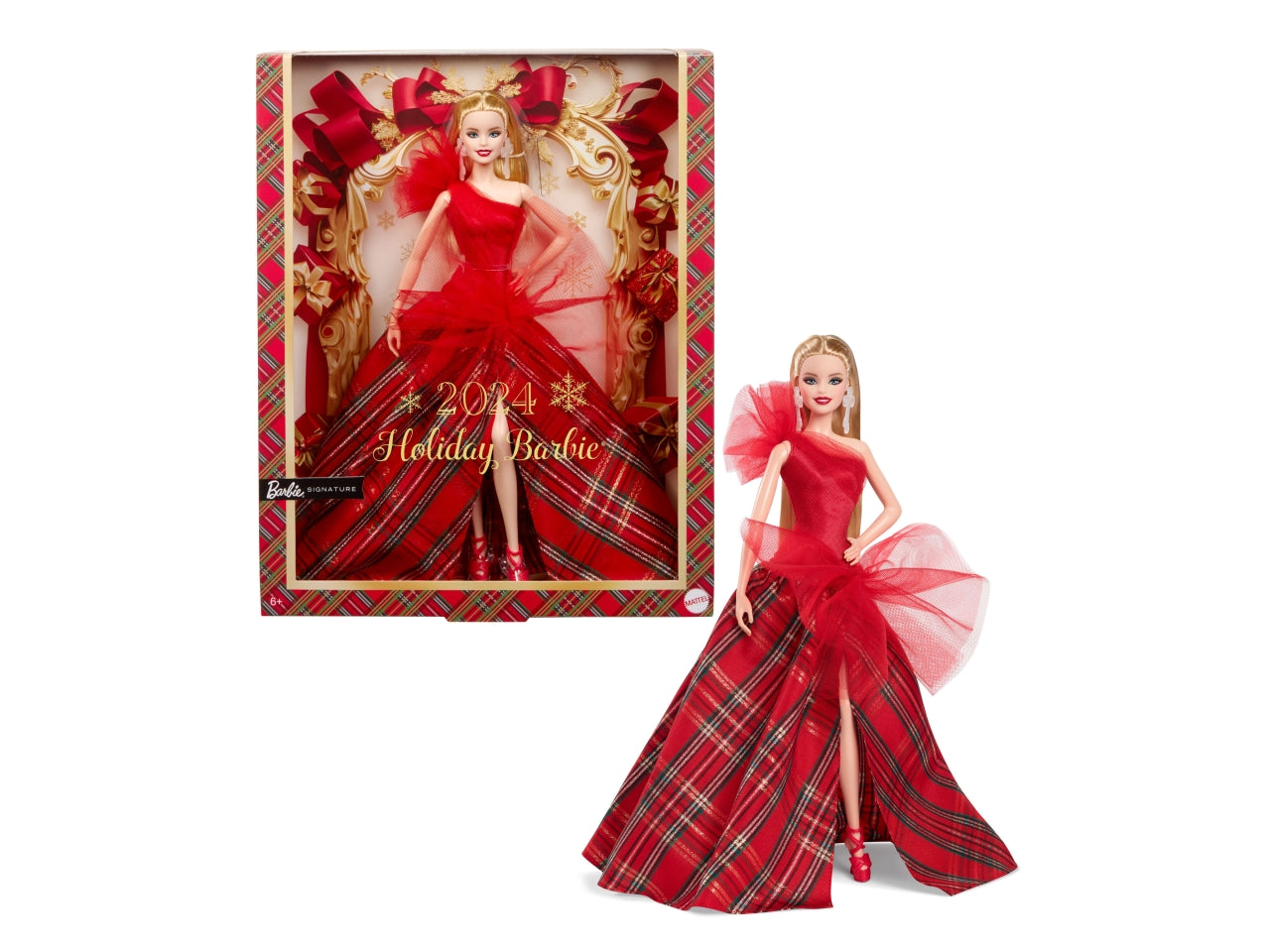 Barbie Magia delle Feste 2024, bambola bionda con abito e gonna a quadri, giocattolo per bambine, 6+ anni - Mattel