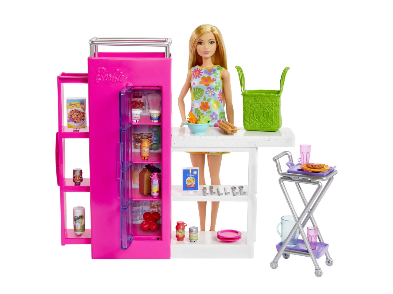 Barbie - Dispensa dei Sogni, playset estensione della cucina di Barbie con bambola inclusa e 25+ accessori, mobili per casa delle bambole e adesivi a tema cibo, giocattolo per bambini, 3+ anni - Mattel
