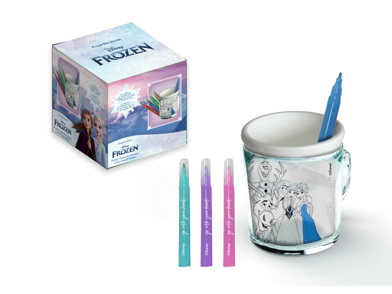 Tazza Portapenne Frozen da Colorare Disney - Ideale per Bambine sopra i 3 Anni - con 4 Pennarelli e 3 Fogli da Colorare - 11x10,5x9,5 cm
