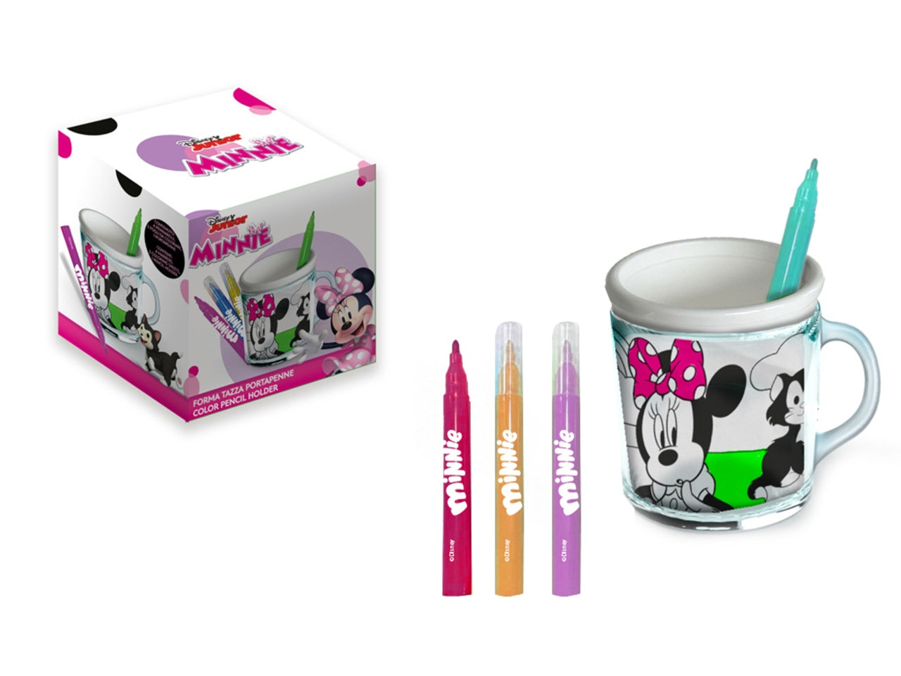 Tazza Portapenne Minnie da Colorare Disney - Ideale per Bambine sopra i 3 Anni - con 4 Pennarelli e 3 Fogli da Colorare - 11x10,5x9,5 cm