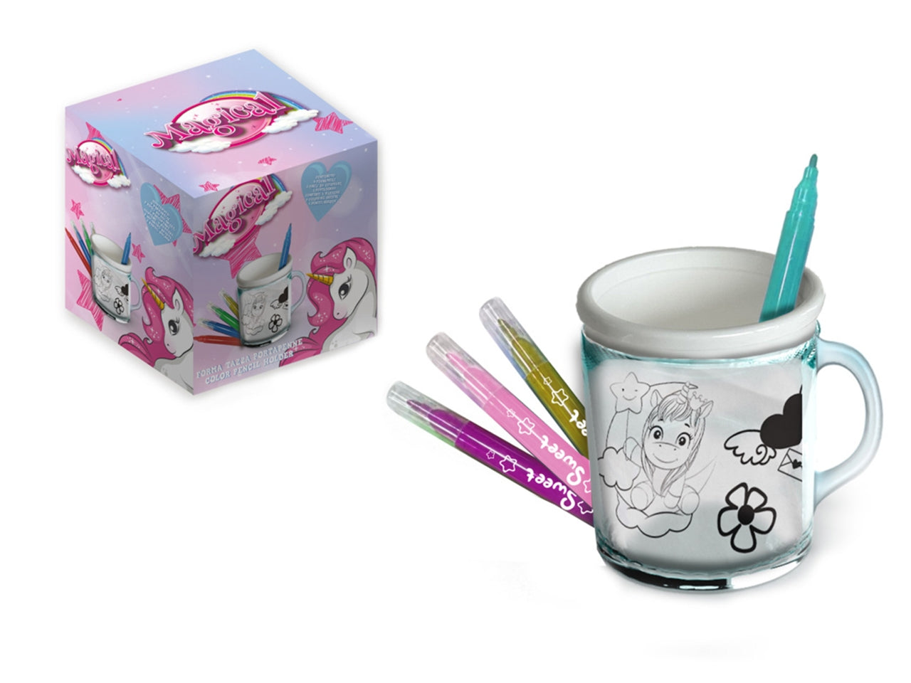 Tazza Portapenne Unicorno da Colorare - Ideale per Bambine sopra i 3 Anni - con 4 Pennarelli e 3 Fogli da Colorare - 11x10,5x9,5 cm