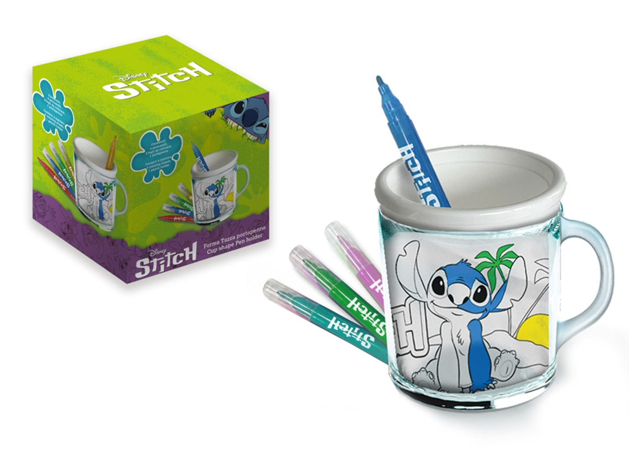 Tazza Portapenne Stitch da Colorare Disney - Ideale per Bambini sopra i 3 Anni - con 4 Pennarelli e 3 Fogli da Colorare - 11x10,5x9,5 cm