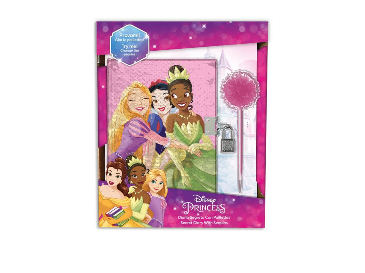 Diario segreto Principesse con pailettes reversibili, penna magica e lucchetto (con 2 chiavi) -  Disney