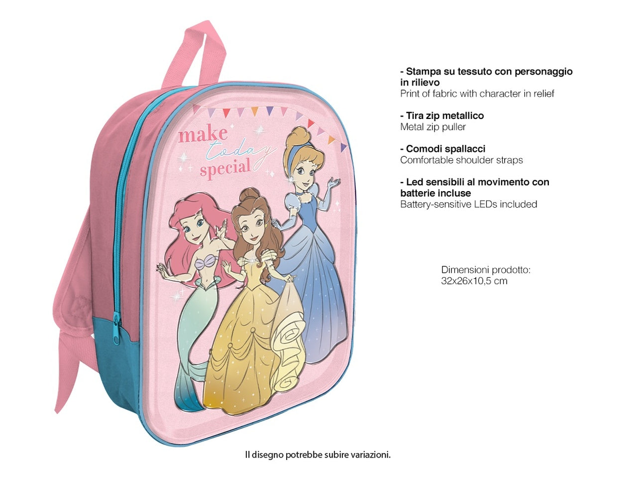 Zaino asilo Principesse 3d con led rosa e celeste - Mc Group