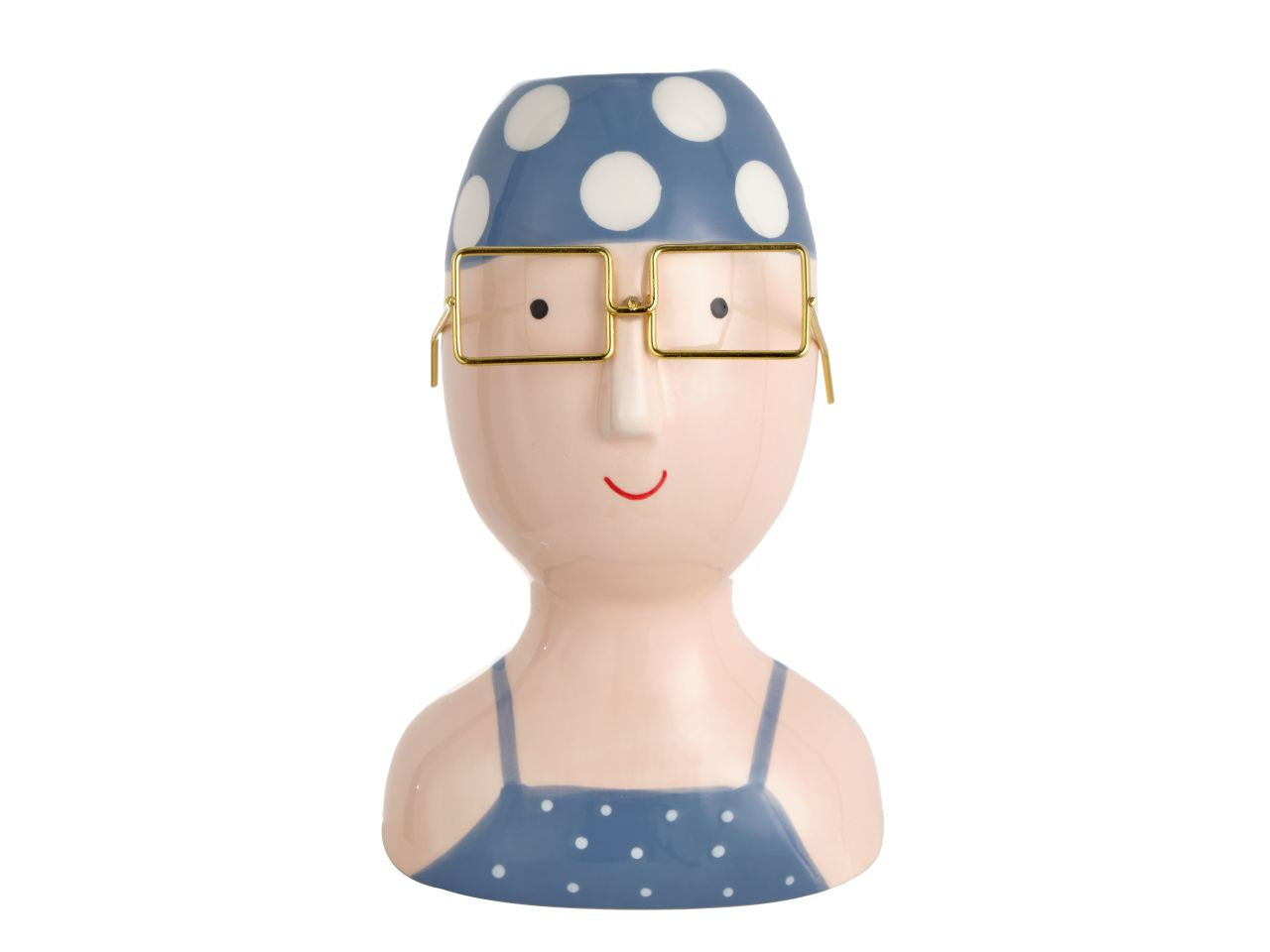 Vaso in ceramica di nuotatrice con occhiali costumee cuffia azzurri