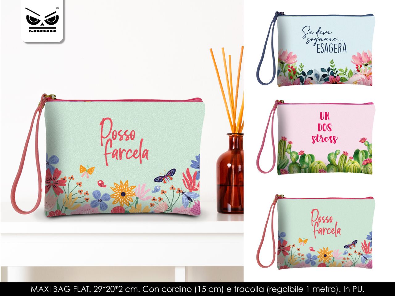 Beauty case flower maxi bag flat misura 29x20x2cm cordino 15cm tracolla regolabile 1mt