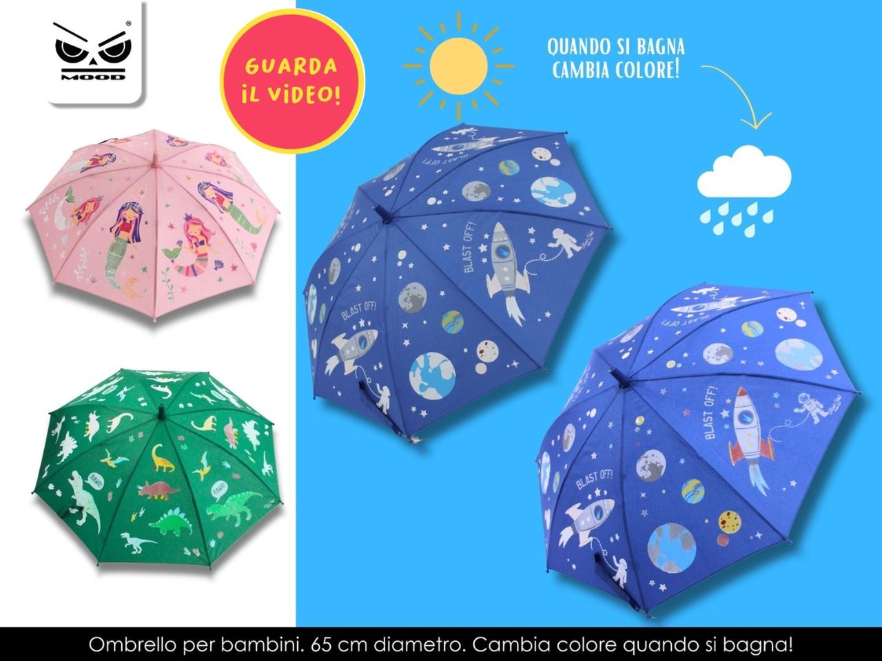 Ombrello bambino cambia colore se bagnato misura 65xd.70cm