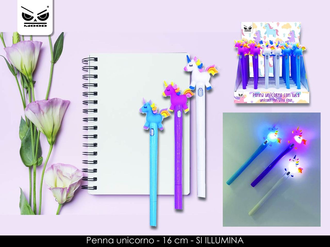 Penna unicorno con luce misura 16cm tratto gel 0,5mm