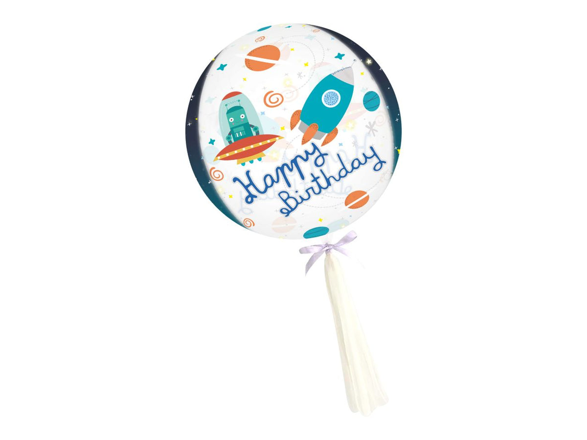 Palloncino trasparente space happy birthday misura gonfio d.60cm anche per elio