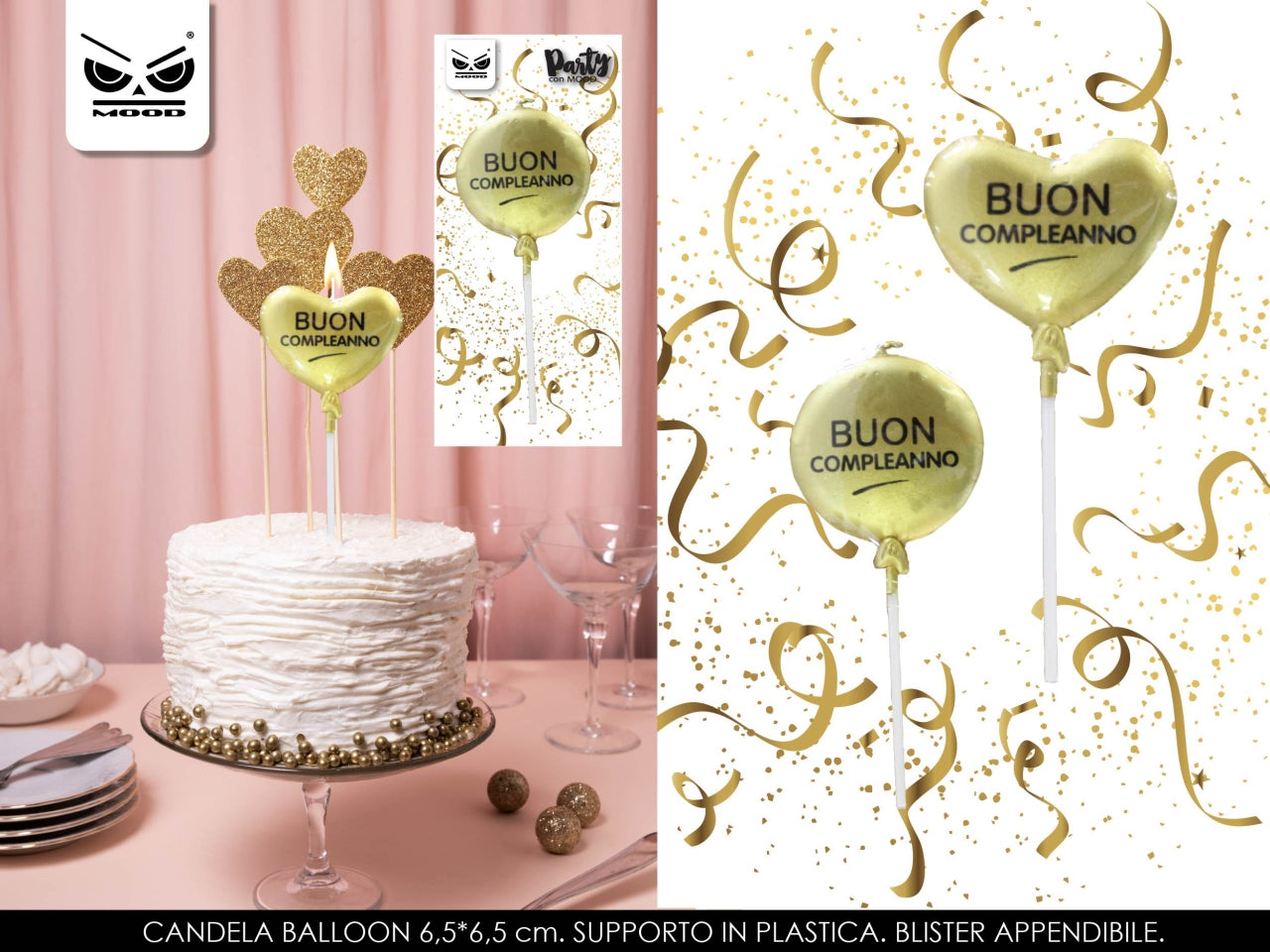 Candelina a forma di palloncino gold con scritta buon compleanno 6,5x6,5cm - disponibile in 2 forme