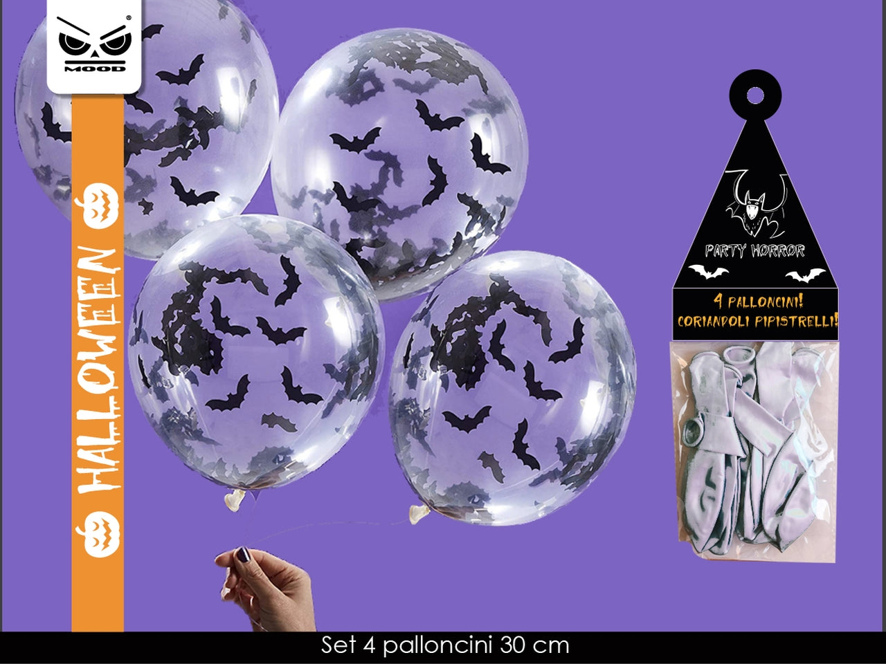 Palloncini con coriandoli pipistrelli confezione da 4 pezzi