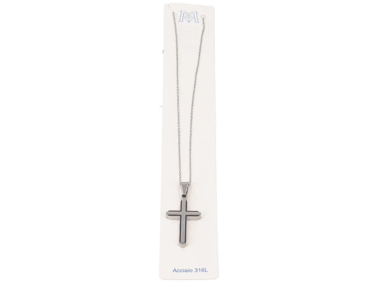 Collana con ciondolo a forma croce color acciaio e nero