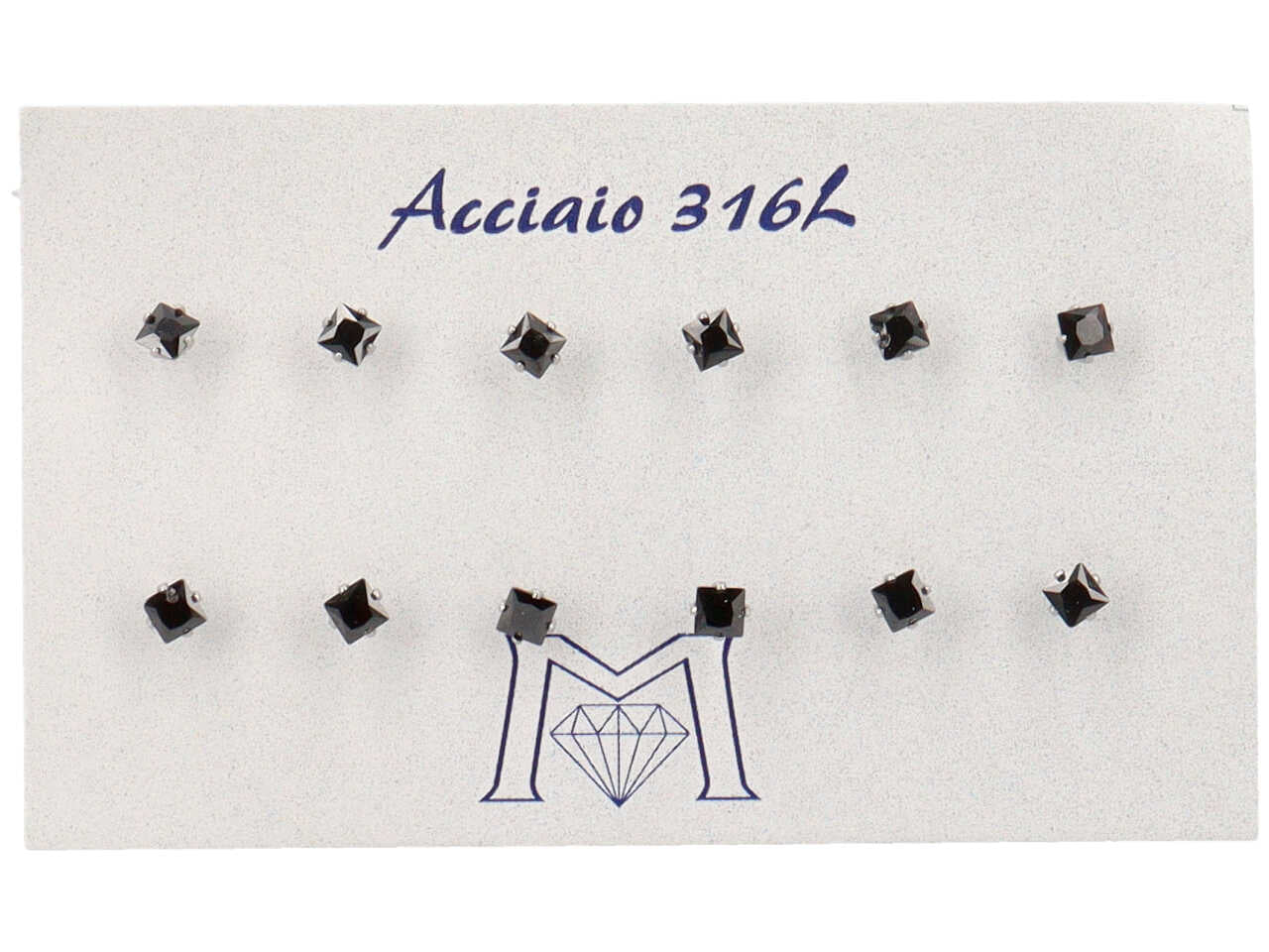 Orecchini con zirconi neri quadrati 3mm- la confezione contiene 6 paia