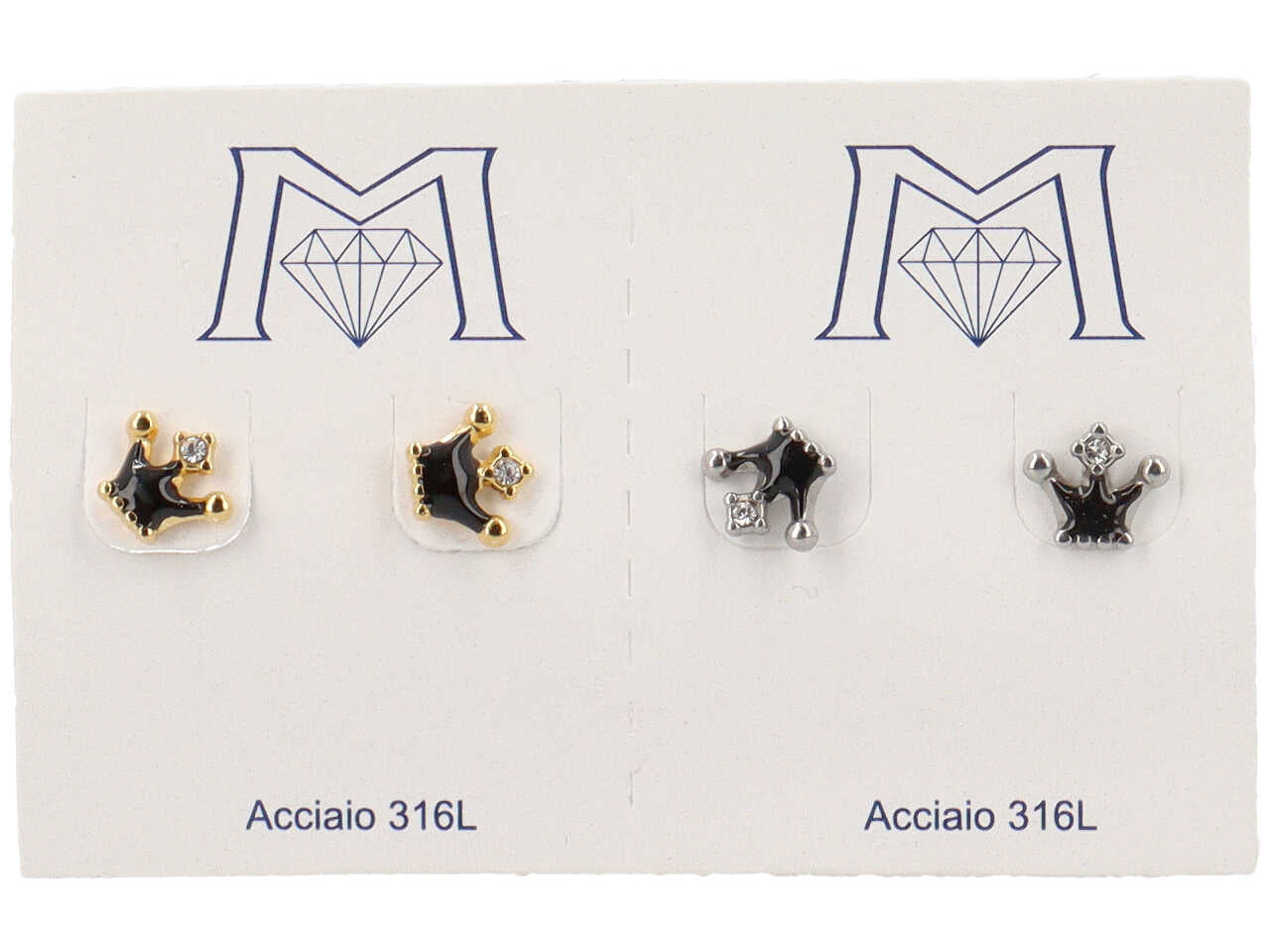 Orecchini acciaio corona nera gold e silver - confezione 2 paia