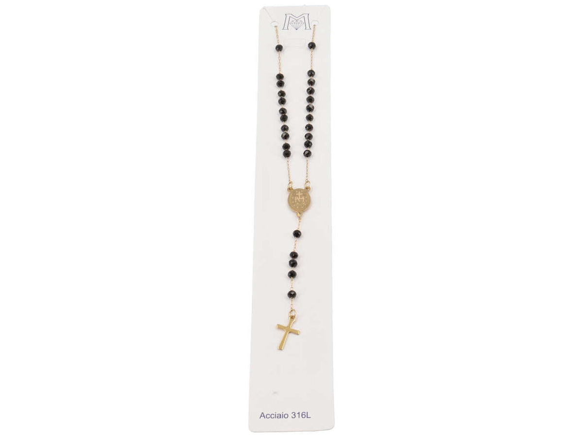 Collana  rosario girocollo pietre nere dorato