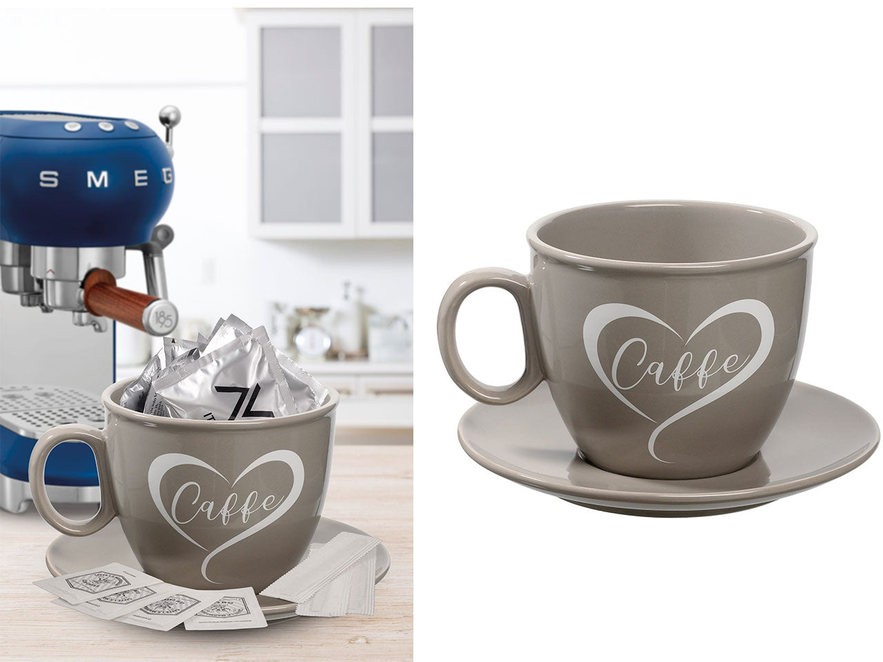 Portacapsule Shabby chic in ceramica lucida grigio a forma di maxi tazza con piatto, 23x16 cm - Giardini di marzo