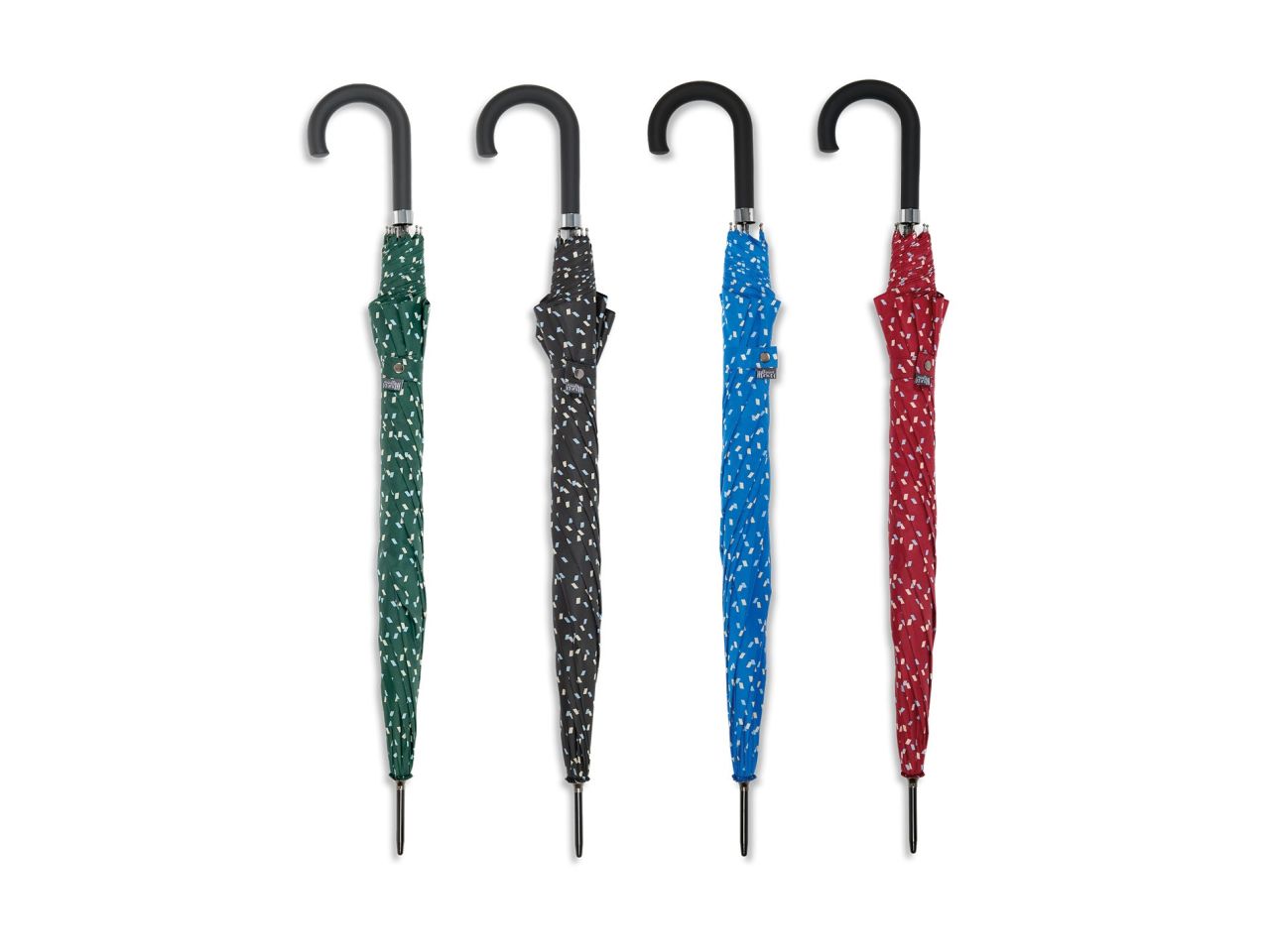 Ombrello lungo, apertura automatica, aste e struttura in fibra, tessuto pongee in fantasia unisex assortita, impugnatura nera con inserto in canna di fucile