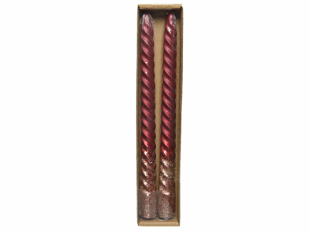 Candela torciglione 25cmxd.2,2cm bordeaux effetto metallico con glitter