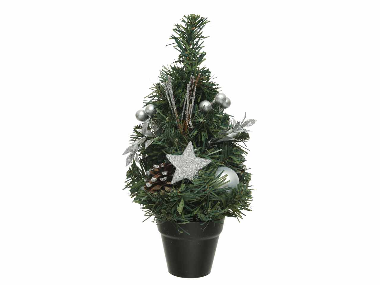 Mini alberelli con sfere glitterate e stelle d.15 verde/ argento