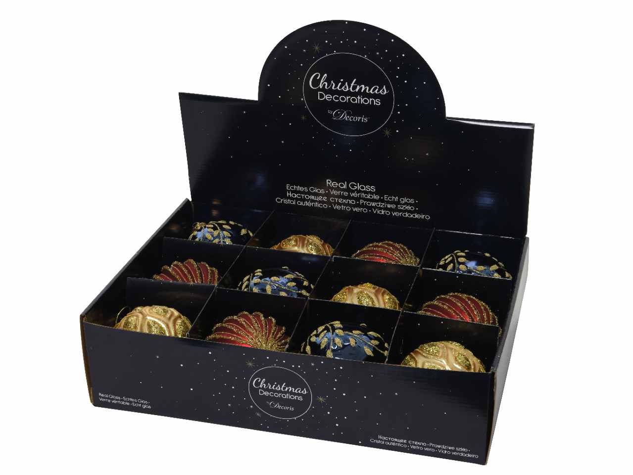 Sfere in vetro opaco e lucido d.10cm nei colori blu notte, rosso e oro