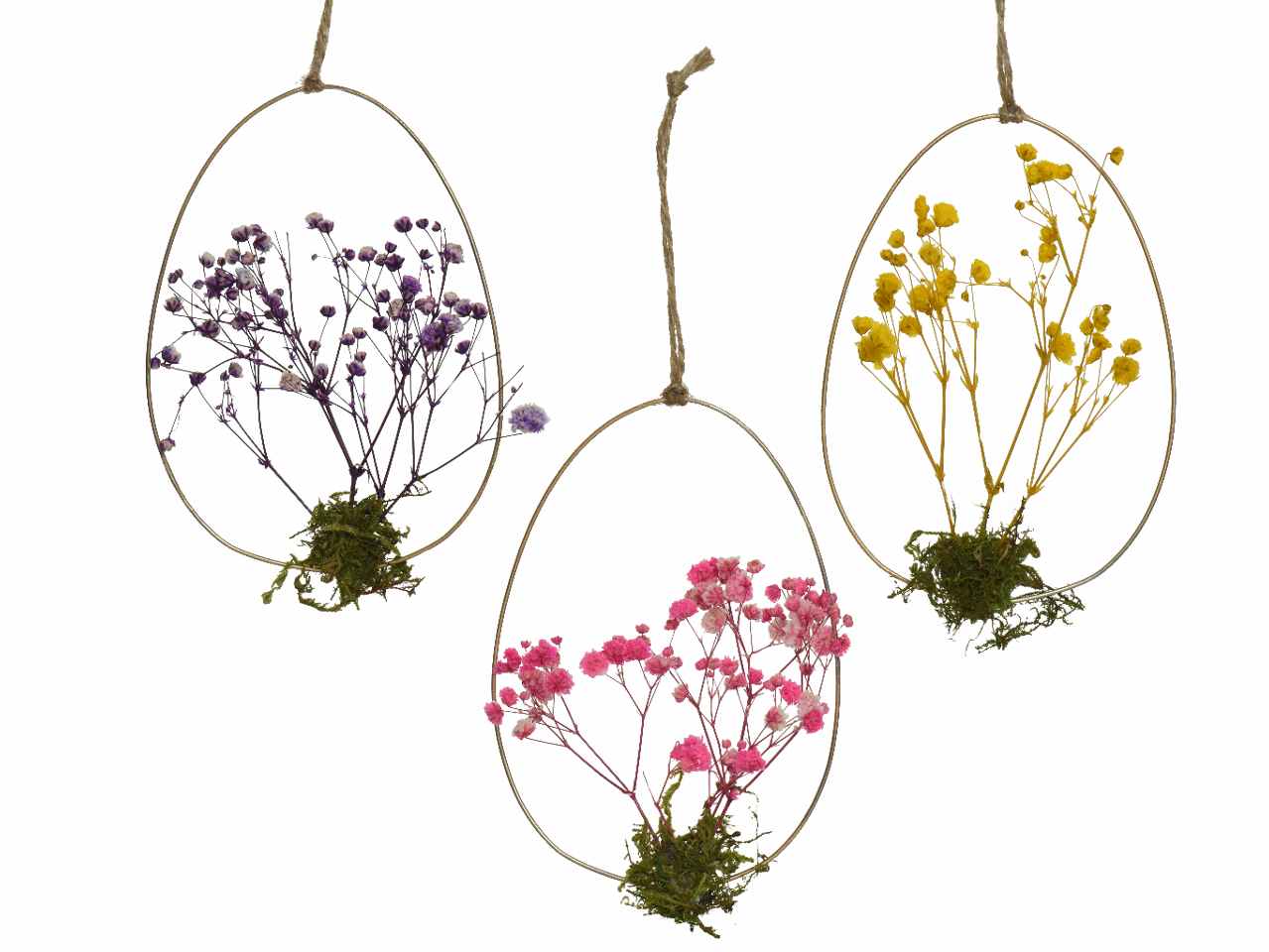 Uovo in metallo con fiore gangio e corda in juta per sospensione 3 assortimenti 0.5xh.12.5cm