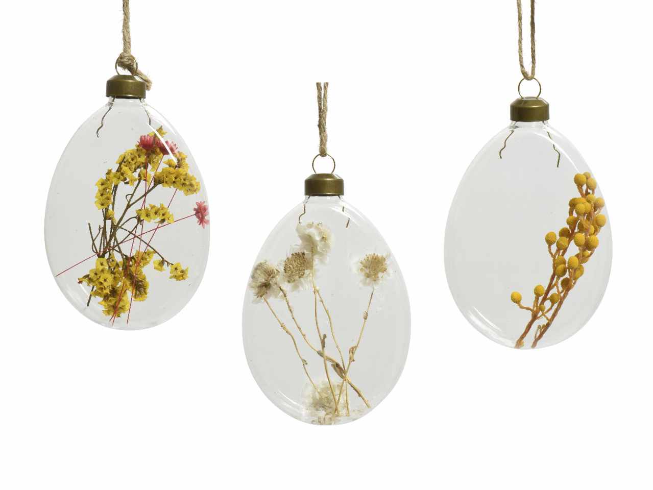 Uovo di vetro trasparente con gancio e corda in juta per sospensione 3 assortimenti di fiori secchi 10.5xh.2.5cm